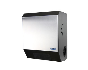 Modern stainless steel mechanical paper towel dispenser by Frost, featuring a visible paper towel and side indicator slots for paper level monitoring.