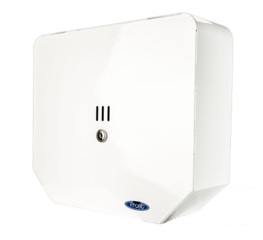 A white Frost 168 13" jumbo toilet tissue dispenser, featuring a secure and high-capacity design for commercial restrooms, ensuring a clean and professional look.