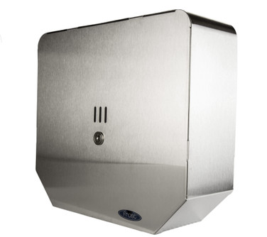The Frost 168-S Jumbo Toilet Tissue Dispenser in stainless steel, designed for commercial restrooms, offering a secure, high-capacity solution for tissue dispensing.