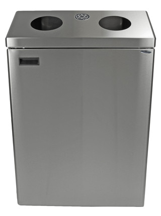 The Frost 315-S Wall Mounted Recycling Station in stainless steel, with dual round openings for easy sorting, showcasing durability and modern design for eco-friendly waste management in commercial areas.
