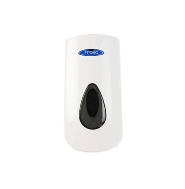 Frost 702 plastic manual foam soap/sanitizer dispenser in white, highlighting its sleek body, transparent level indicator, and ergonomic dispensing button.