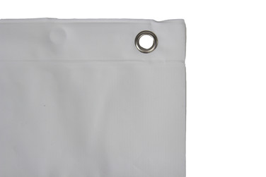 A neatly folded Frost 1144-502 White Commercial Shower Curtain, featuring durable material and grommet holes for easy installation.