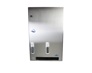 Frost 618-3-FREE stainless steel tampon and napkin vendor featuring a user-friendly push button, offering free access to feminine hygiene products in a modern design.