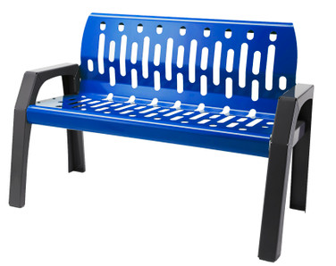 The Frost 2040-Blue Outdoor Bench in blue and grey, combining functionality with modern design to provide comfortable and durable seating for public spaces.