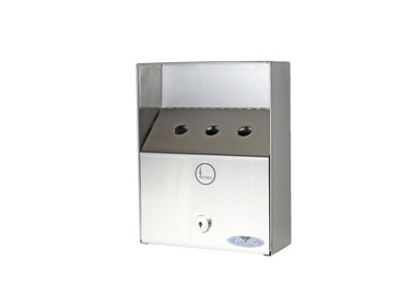 Stainless steel Frost 908 outdoor ashtray, heavy-duty and wall-mounted, designed for efficient cigarette disposal in compact spaces.