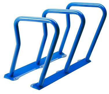 The Frost 2090-Blue outdoor steel bike rack, offering a combination of visual appeal and functional design to accommodate six bicycles in a secure manner.