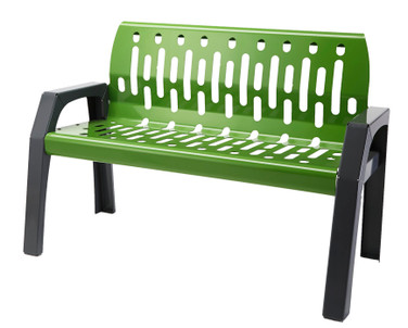 The Frost 2040-Green Outdoor Bench in a striking green and grey, designed to provide durable and stylish seating for parks, sidewalks, and other public spaces.