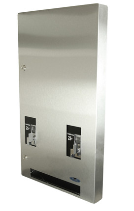 Front view of the Frost 615-5-0.25 stainless steel tampon and napkin vendor, featuring a quarter-operated twist mechanism for easy and economical access in public restrooms.
