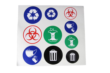 Assorted multi-use label pack by Frost, featuring recycling, biohazard, and waste disposal stickers for efficient sorting and management of receptacles.