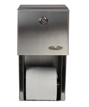 A stainless steel FR-165 surface mount double roll toilet tissue dispenser, providing a secure and contemporary solution for tissue dispensing in restrooms.  Front with Paper Roll
