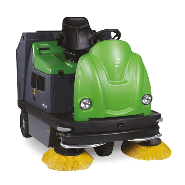 The IPC TK1404E Battery Operated Rider Sweeper, an innovative cleaning solution designed for maximum efficiency and performance in large-scale environments.