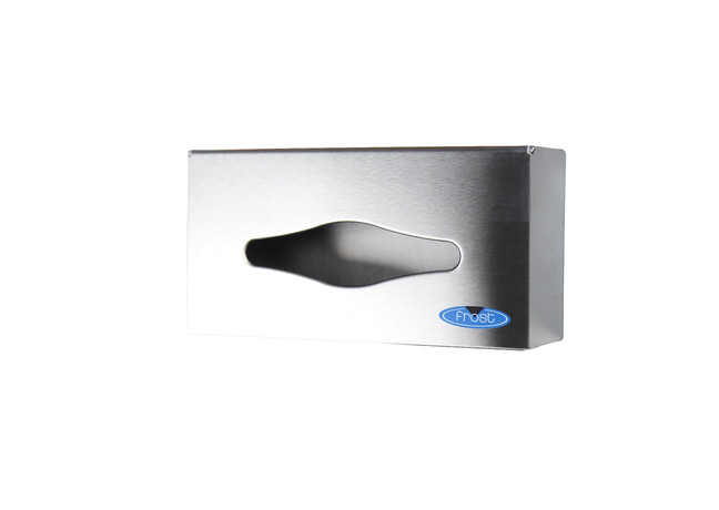 The Frost 180 stainless steel surface-mounted facial tissue dispenser, featuring a clean, modern design ideal for providing convenient access to facial tissues in commercial settings.