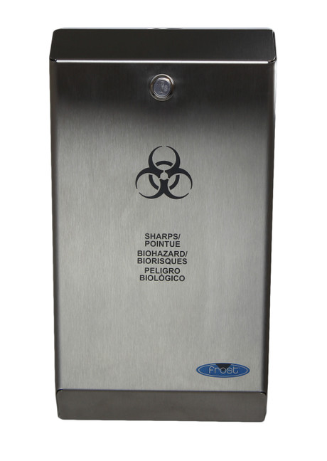 Stainless steel Frost 878 biomedical sharps disposal unit with secure lock and biohazard symbol, designed for safe and hygienic medical waste management.