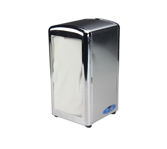 The Frost 195 chrome table napkin dispenser, showcasing a sleek design that combines functionality with a stylish finish for restaurant and cafe tables.