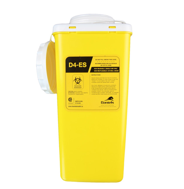 Yellow Frost 878-500 replacement internal containers for biomedical sharps disposal, highlighting secure lids and biohazard warnings for safe waste management.