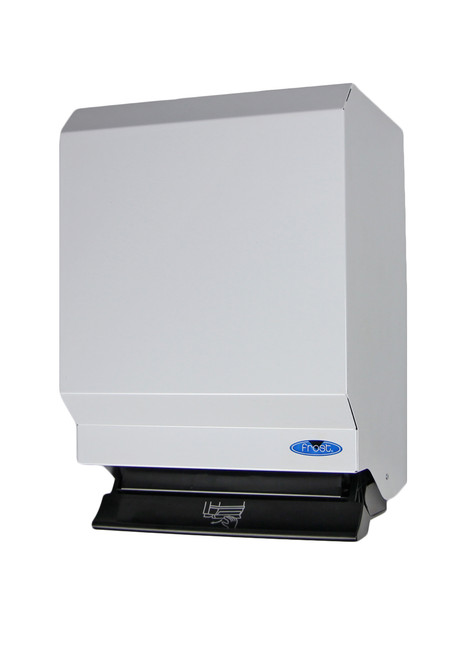 A wall-mounted Frost 109-50P white paper towel dispenser, featuring a front slot for easy access to multifold towels, against a clean background. Front image