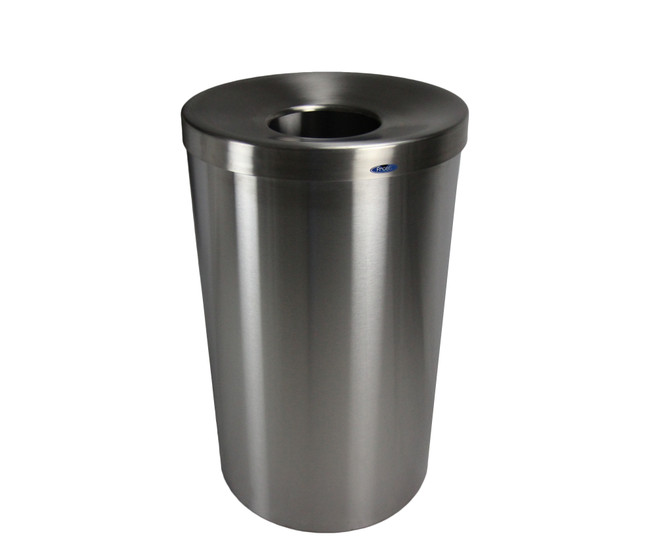 Sleek jumbo lobby waste receptacle by Frost in stainless steel, featuring a round top opening for convenient disposal, ideal for handling large volumes of waste in commercial settings.