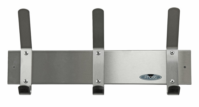 The Frost 1147 Stainless Steel Coat Hook Strip, featuring multiple sturdy hooks on a sleek strip, offers a sophisticated and practical storage solution for any room.