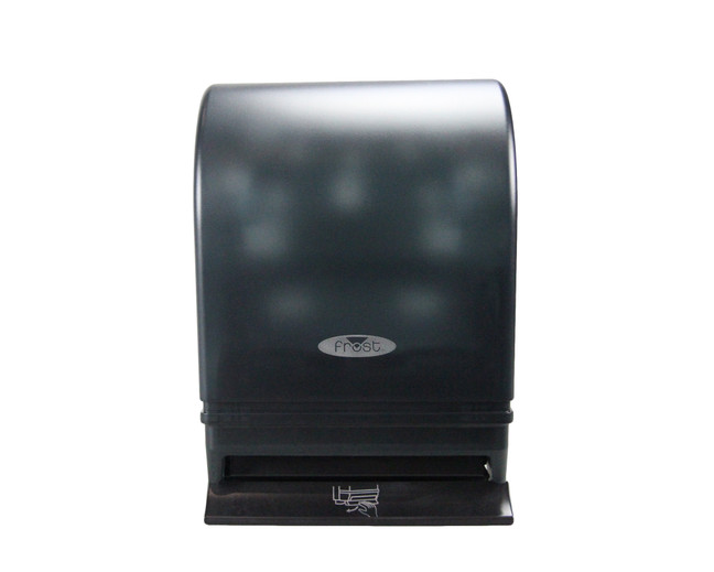 Sleek black Frost 109-50P paper towel dispenser with a multifold towel visible, ready for use. Front