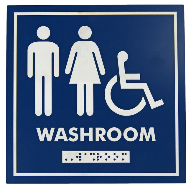 Frost 966 Gender Neutral/Handicapped washroom signage in blue with white symbols and Braille, offering clear direction for an inclusive restroom experience.