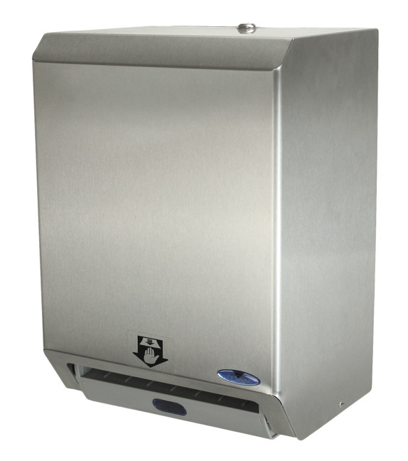 Sophisticated stainless steel automatic paper towel dispenser by Frost, featuring touchless dispensing and a clear pictogram, perfect for upscale and high-usage environments.