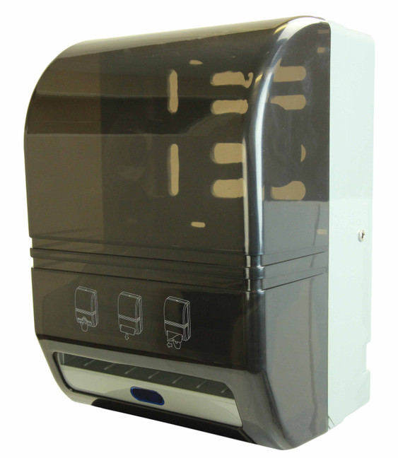 The Frost 109-70P black plastic automatic paper towel dispenser, featuring a touchless operation and contemporary design, suitable for modern restrooms and kitchens. Front