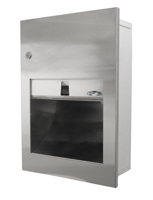 Frost 135-A stainless steel recessed paper towel dispenser, featuring a secure lock and a see-through towel level indicator, perfect for upscale restrooms seeking a minimalist and functional design.