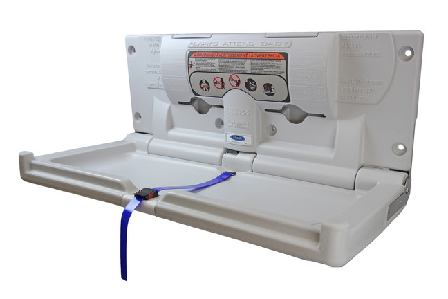 The Frost 1125 Baby Change Table in grey, displayed in open position, with clear safety labels and a secure blue safety strap for a reliable and hygienic changing station.