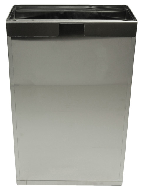 The Frost 326 Stainless Steel Wall Mounted Waste Receptacle features a clean, polished design with a top opening for easy waste disposal, ideal for commercial or upscale residential use.