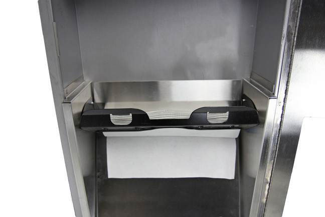 Close-up view of the Frost 410-14 A Medium Recessed Stainless Steel Paper Towel Dispenser and Disposal Unit, showcasing the paper dispensing slot and sleek, professional design.