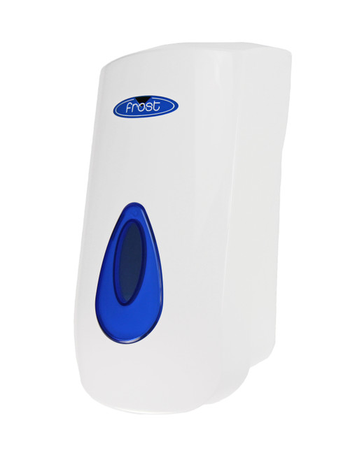The Frost 707 white manual liquid soap/sanitizer dispenser mounted on a tiled wall, with a distinctive blue window indicating the soap level, ready for use.