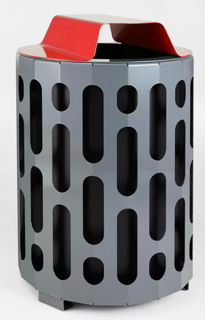 The Frost 2020-Red Outdoor Waste Receptacle with a red lid and grey body, a durable and stylish choice for managing waste in high-traffic outdoor areas.