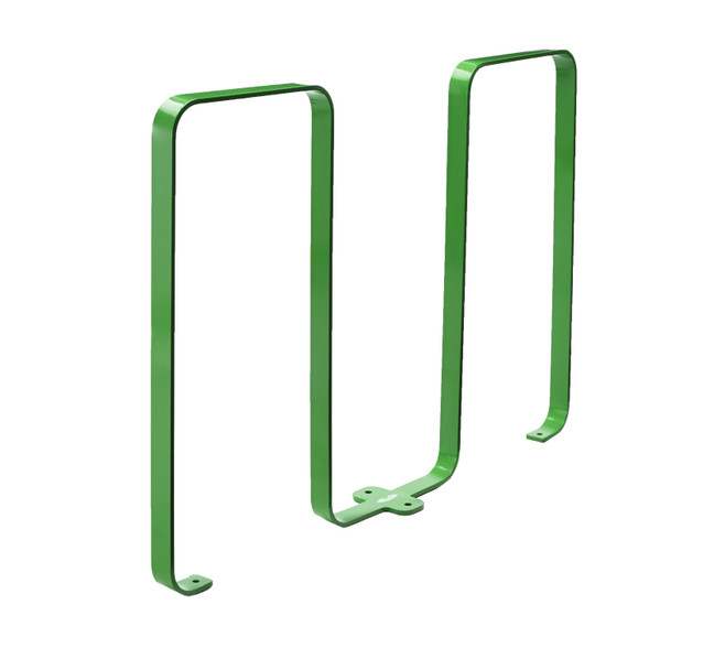 The Frost 2080-Green steel bike rack, with a capacity for five bikes, stands out in a bright green finish, offering both function and style for outdoor settings.