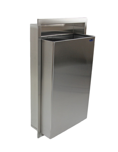 The Frost 330 Stainless Steel Semi-Recessed Waste Receptacle features a sleek, modern design, with a partially inset profile for streamlined waste disposal in high-end commercial spaces.
