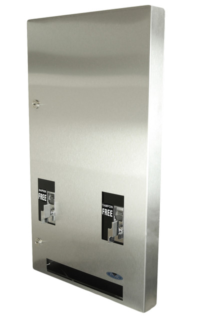 Frost 615-5-Free recessed tampon and napkin vendor in stainless steel with a twist mechanism, providing free access to feminine hygiene products.
