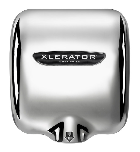 A stylish Chrome-Plated Xlerator Hand Dryer (XL-C) designed for restroom settings. Crafted with a sleek chrome finish, this high-performance hand dryer offers efficient drying, energy-efficient operation, hygienic touch-free design, and sturdy construction. Its compact design and easy installation make it suitable for various restroom layouts