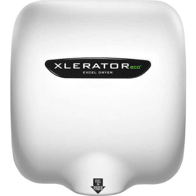 A description of the Eco White Thermoset Resin Xlerator Hand Dryer (XL-BW-ECO) emphasizing its sustainable and efficient design without heat technology. It highlights its durable construction, efficient drying technology, touch-free operation, and versatility, making it suitable for various commercial or public restroom settings.