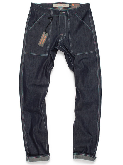 Custom made 3-needle selvedge patch pocket denim work pants, handmade in Brooklyn, USA.