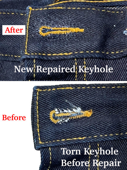 A before and after look at how we professionally repair & replace a buttonhole on jeans