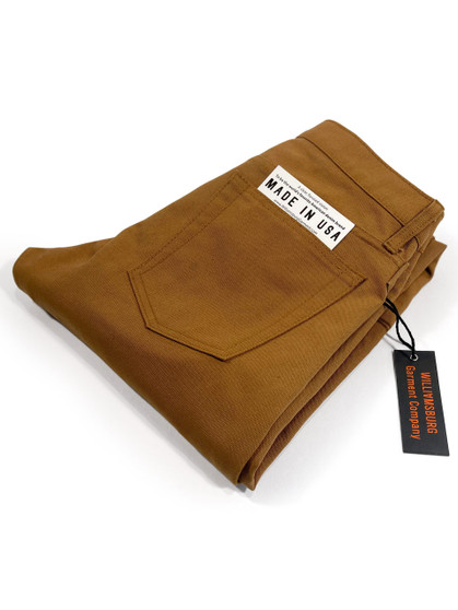 Rear view of handmade in Brooklyn, brown duck canvas tapered work pants made in USA for men by Williamsburg Garment Company.