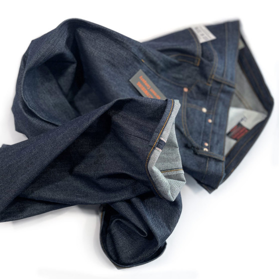 Tall men's size 40x38 Japanese selvedge denim raw jeans handmade in Brooklyn by Williamsburg Garment Co. American-made denim brand.