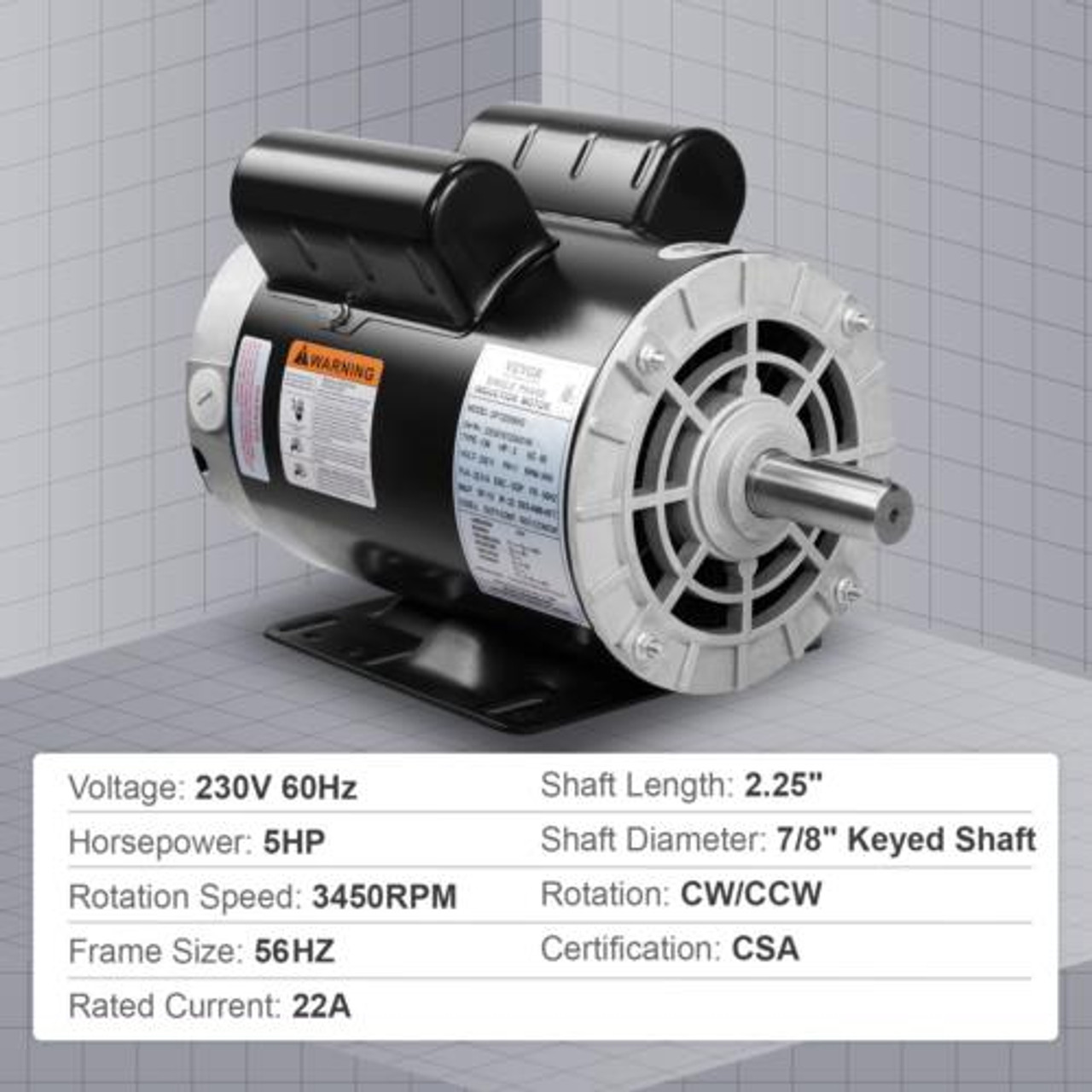 VEVOR 5HP Air Compressor Motor, 230V 22 Amps Electric Motor, 3450RPM 56HZ Frame,
