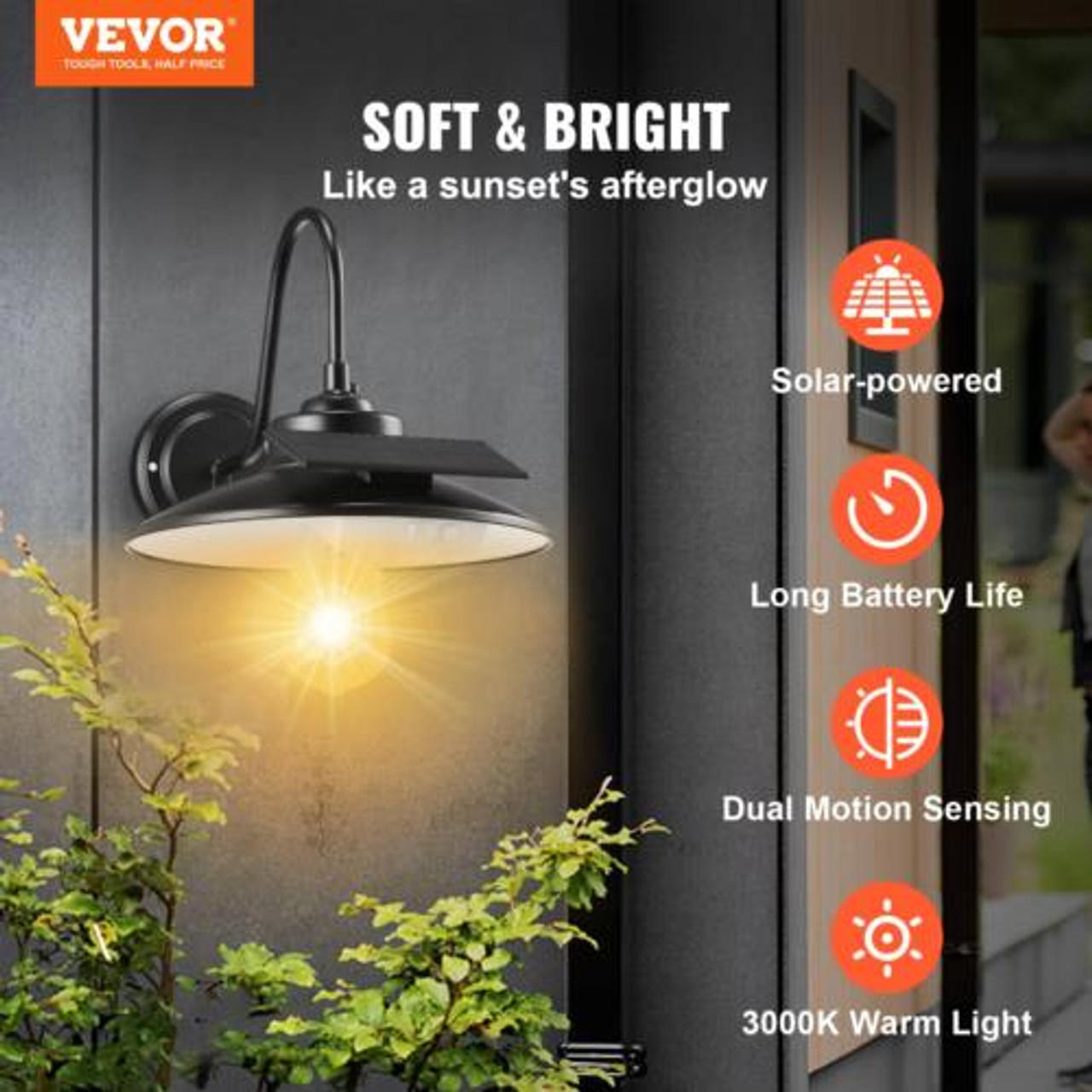 VEVOR Solar Barn Light, 3 Lighting Modes & Motion Sensor, Dusk to Dawn Outdoor W