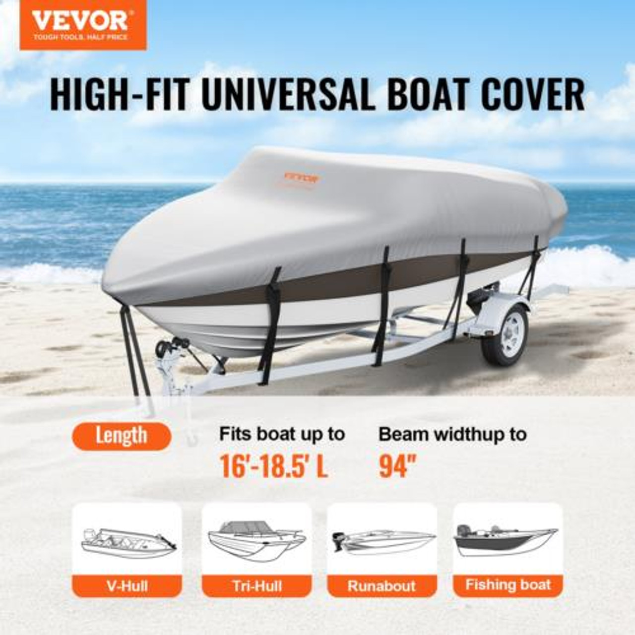VEVOR Boat Cover, 16'-18.5' Trailerable Waterproof Boat Cover, 600D Marine Grade