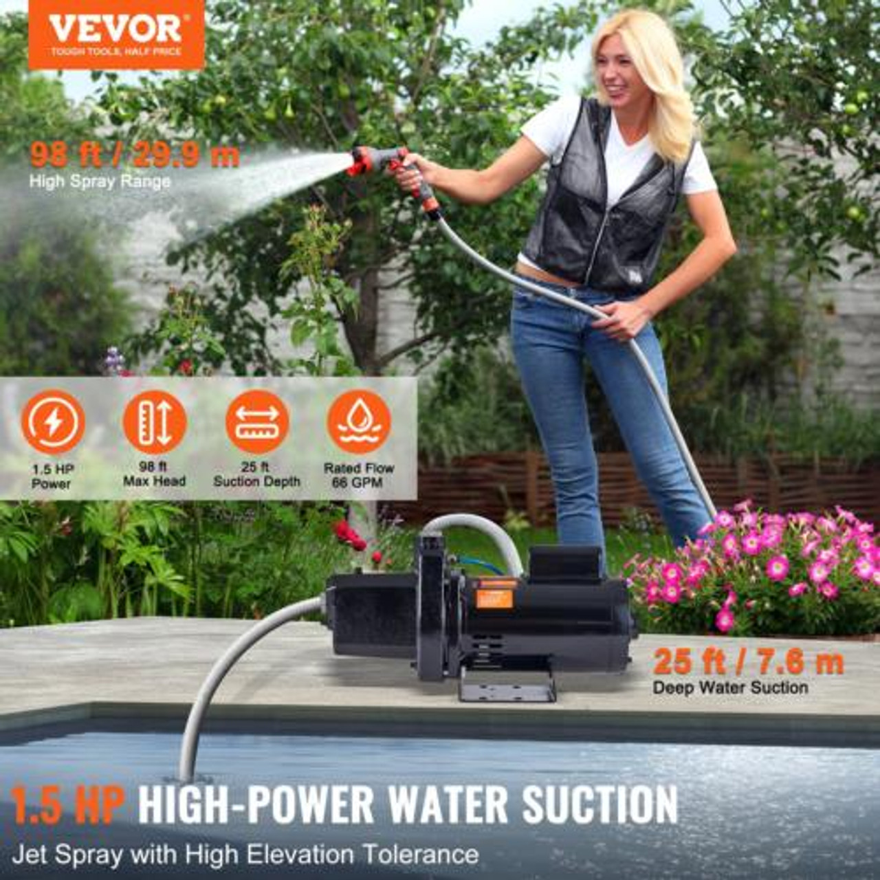 VEVOR 1.5 HP Cast Iron Sprinkler/Irrigation Pump, 115/230 Volt, 66 GPM 3450 RPM 