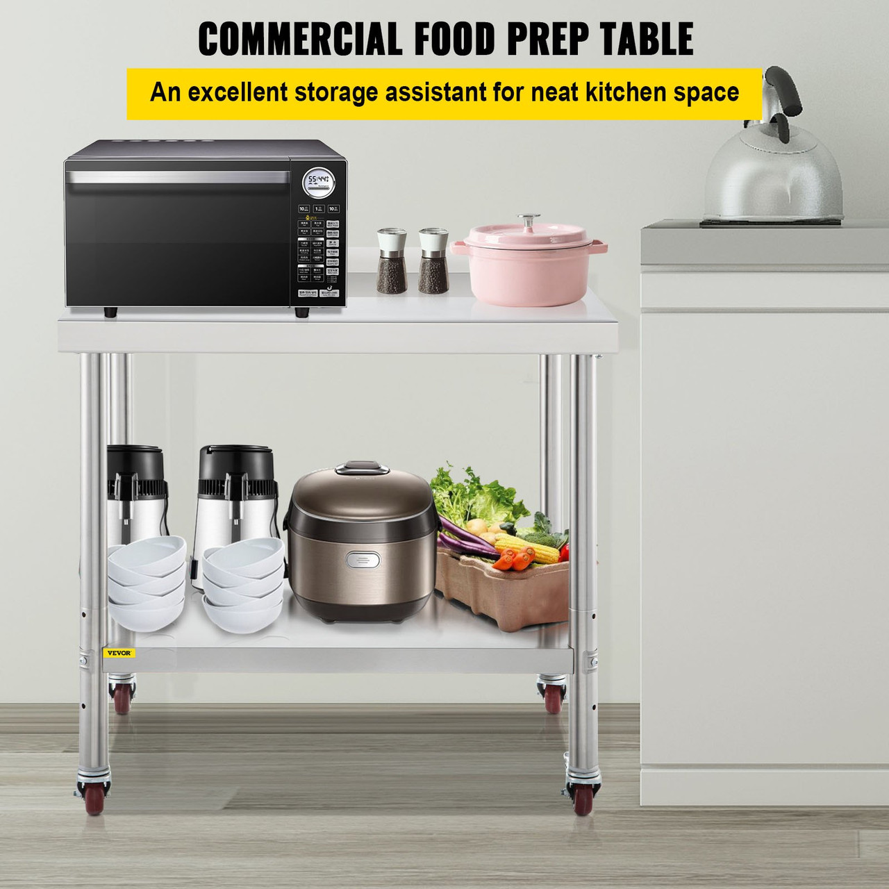 VEVOR Stainless Steel Prep Table, 30 x 24 x 35 Inch, 440lbs Load Capacity Heavy Duty Metal Worktable with Backsplash Adjustable Undershelf & 4 Casters, Commercial Workstation for Kitchen Restaurant