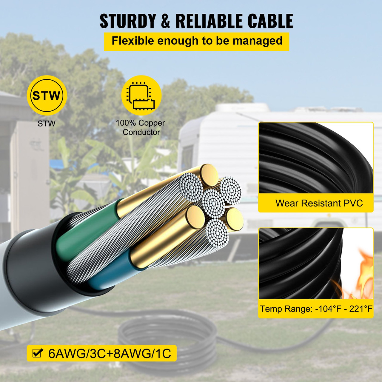 VEVOR 50Ft 50 Amp Generator Extension Cord STW 6/3 + 8/1 Generator Cord 125V 250V Generator Power Cord N14-50P & SS2-50R & CS6364 Twist Lock Connectors