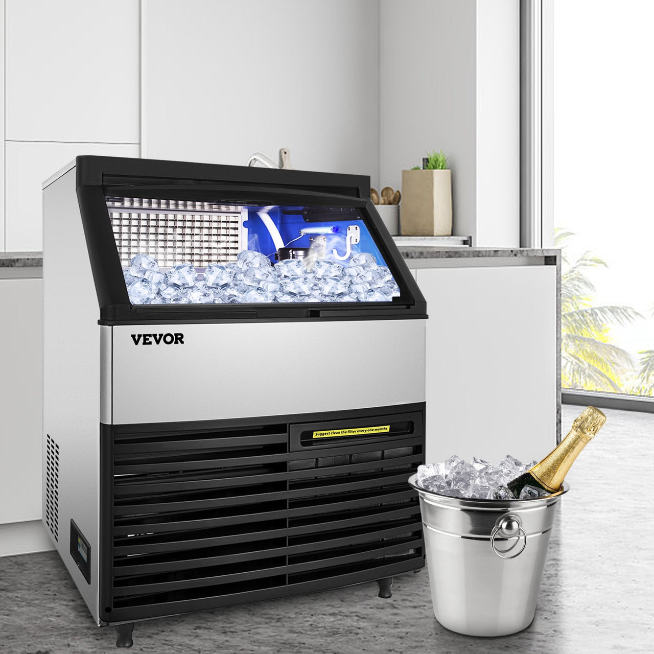 VEVOR 110V Commercial Ice Machine 320LBS/24H with 77LBS Bin, Clear Cube LED Panel, Stainless Steel, Air Cooling, ETL Approved, Professional Refrigeration Equipment, Include Scoop and Connection Hose