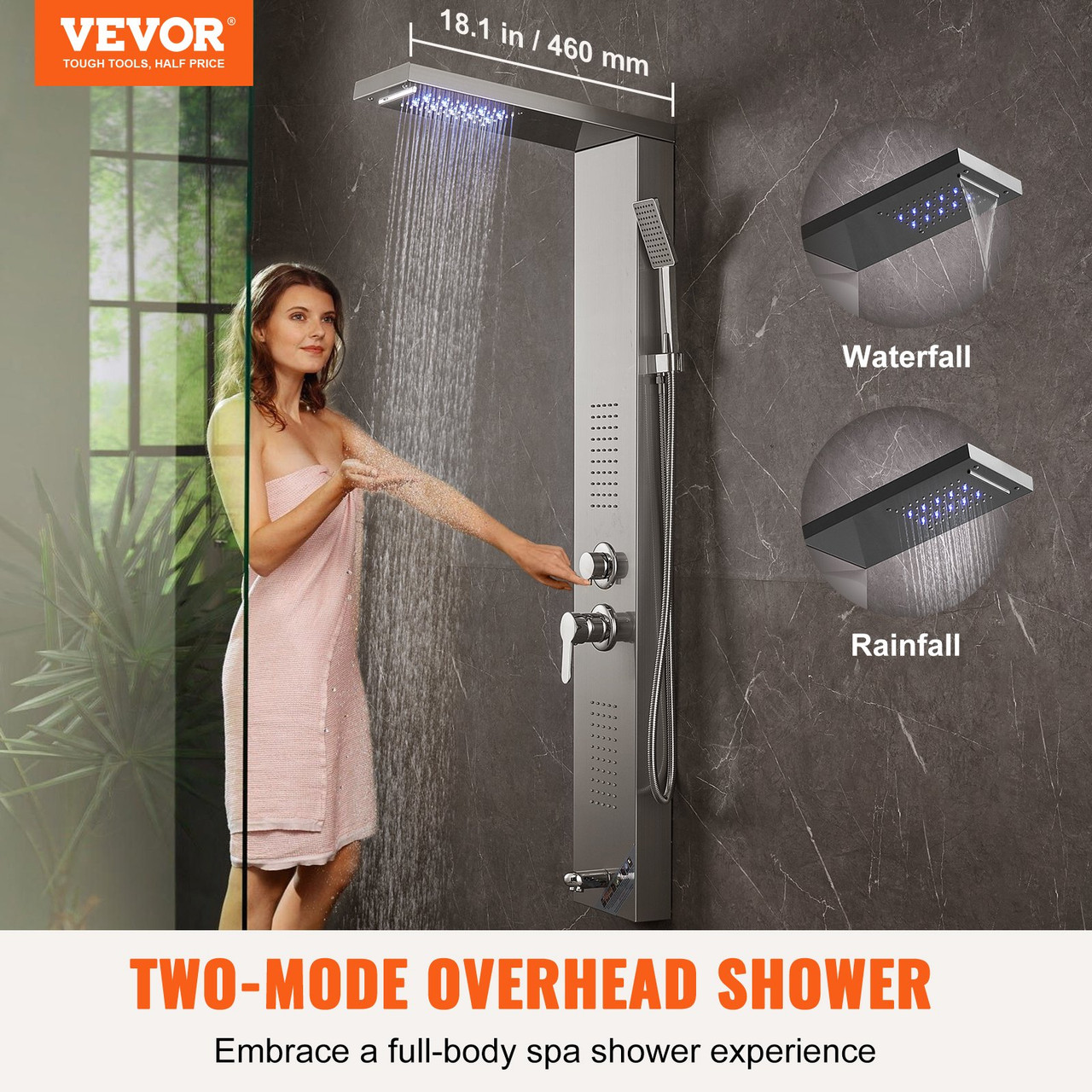 VEVOR Shower Panel System, 5 Shower Modes, LED Shower Panel Tower, Rainfall, Waterfall, 2 Body Massage Jets, Tub Spout, Handheld Shower Head with 59" Hose, Stainless Steel Wall-Mounted Shower Set