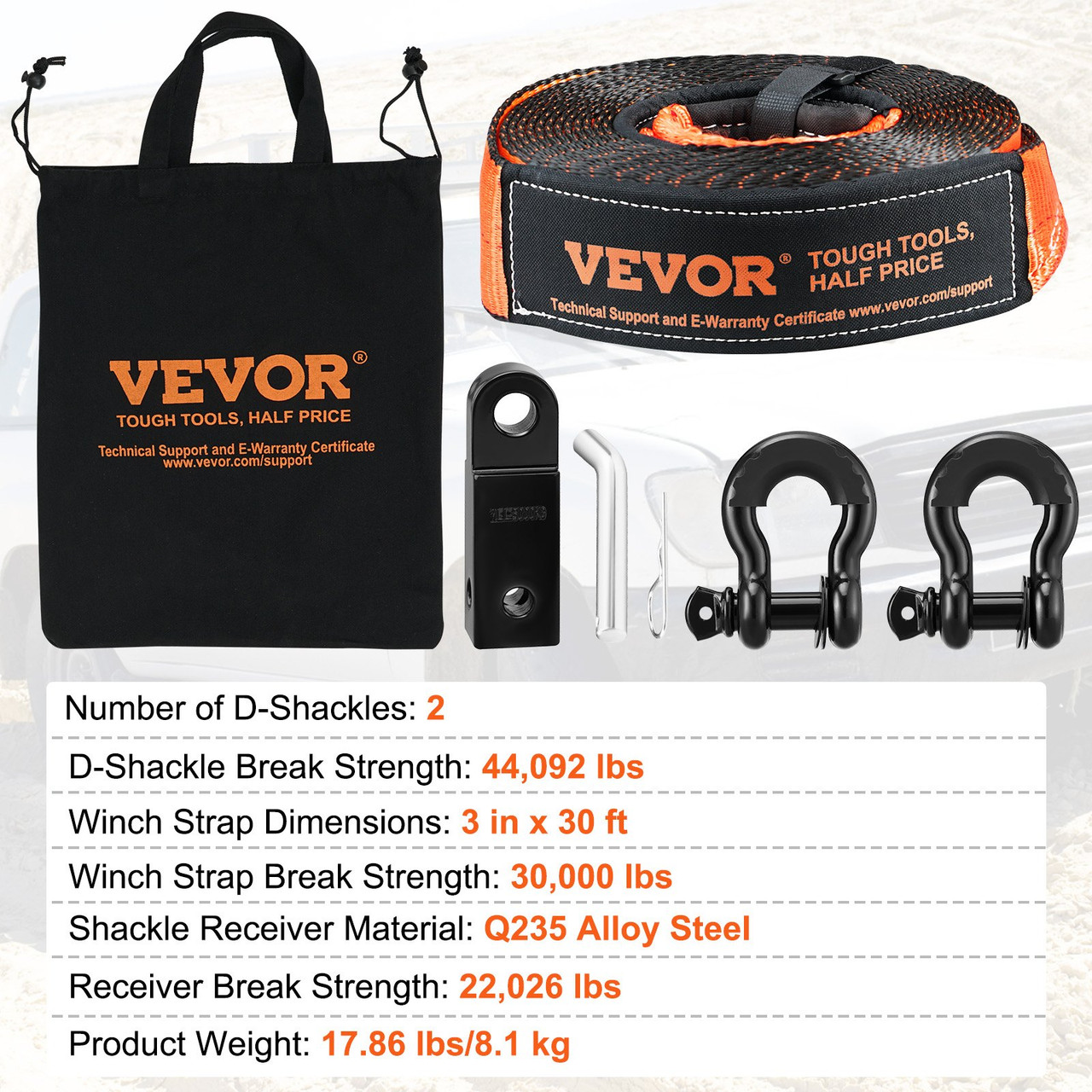 VEVOR Off-Road Recovery Kit, 3" x 30', Heavy Duty Winch Recovery Kit with 30,000 lbs Tow Strap, 44,092 lbs D-Ring Shackles, Shackle Receiver and Storage Bag, for ATVs, Jeeps, Off-Road Vehicles, Trucks